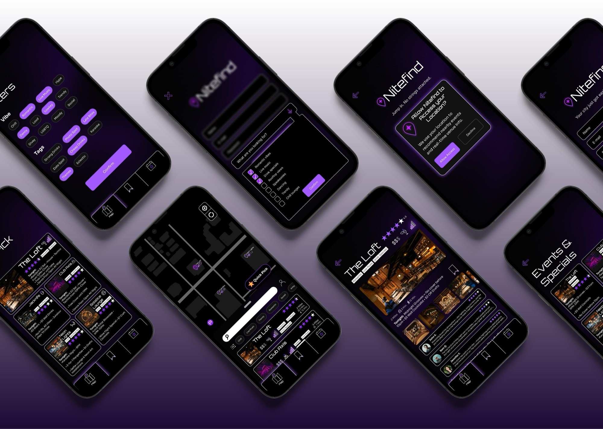 Nitefind app screens cascading across a violet gradient