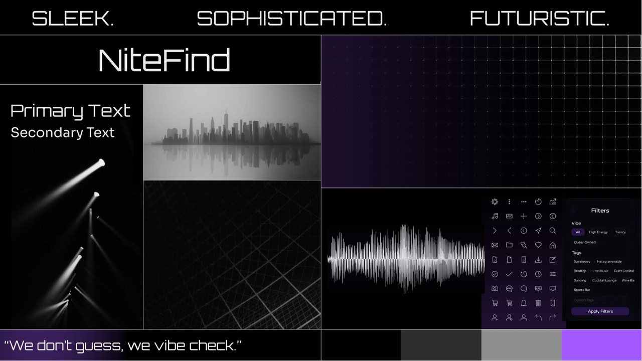 Midnight Grid mood board: black and violet, sleek, sophisticated, futuristic