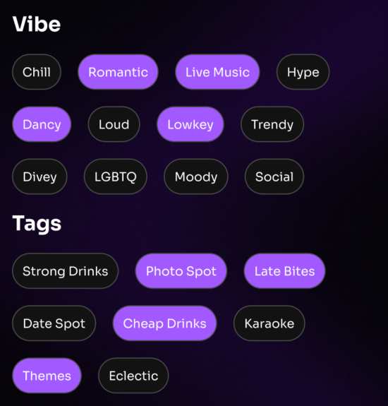 Detail of the Nitefind filters screen showing the expanded vibe and tag vocabulary