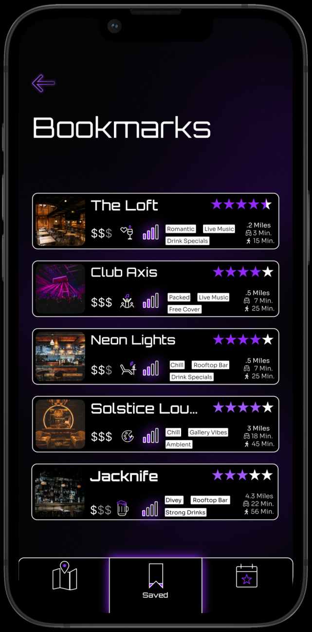 Nitefind bookmarks screen listing saved venues