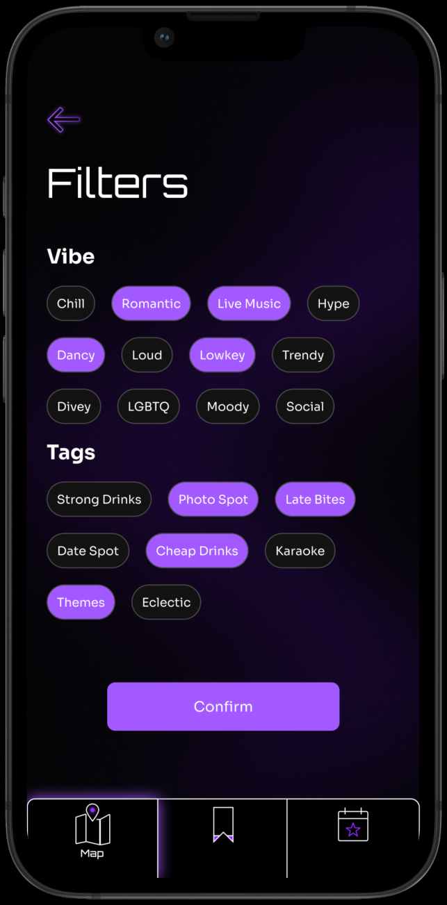 Nitefind advanced filters screen showing multiple vibe and tag filter chips