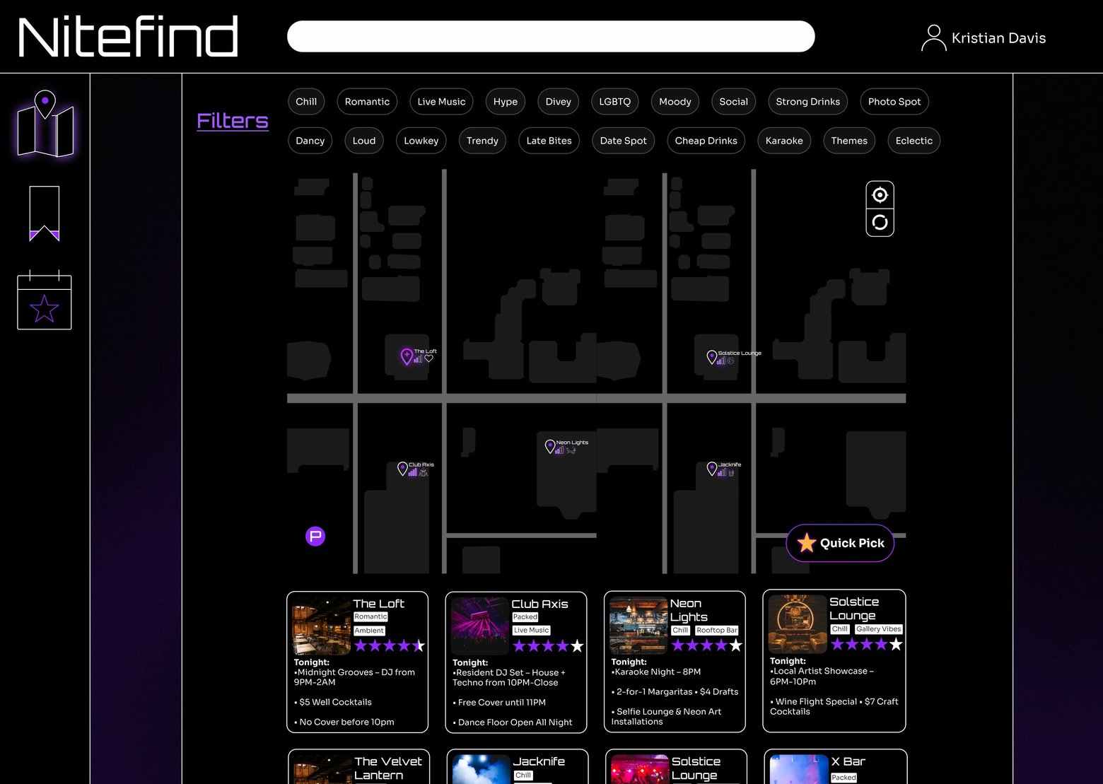 Nitefind map and discovery screen with venue pins, vibe filters, and price and distance information