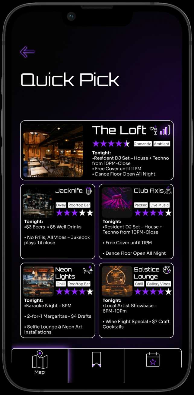Nitefind Quick Pick screen with a featured recommendation and additional matches