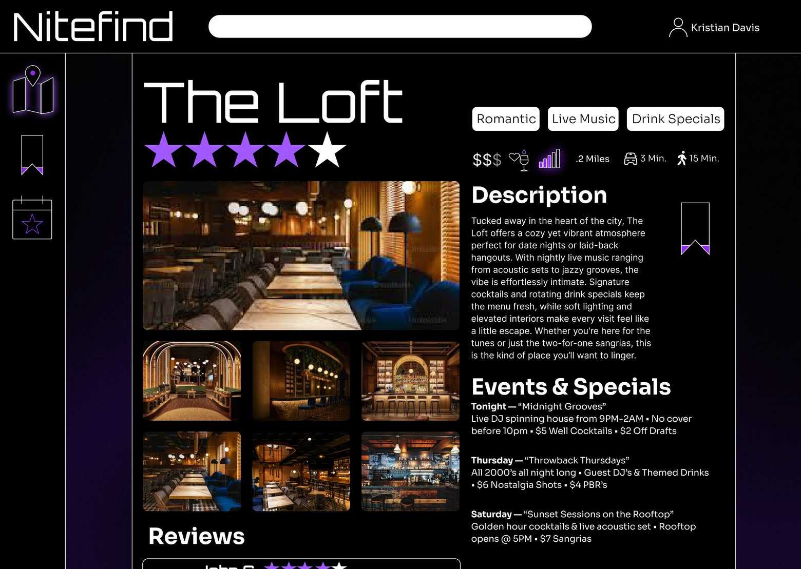 Nitefind venue detail screen for The Loft showing crowd and vibe information, price, distance and tonight&rsquo;s events