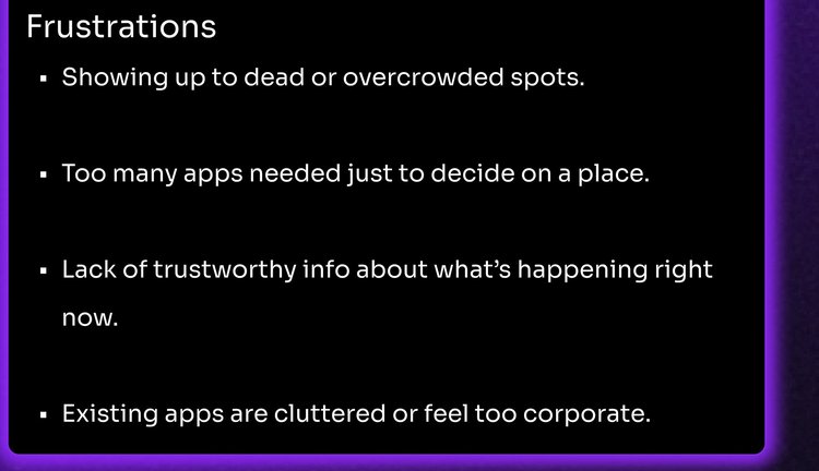 Research synthesis excerpt: frustrations about dead or overcrowded spots, too many apps, and untrustworthy information about what is happening right now