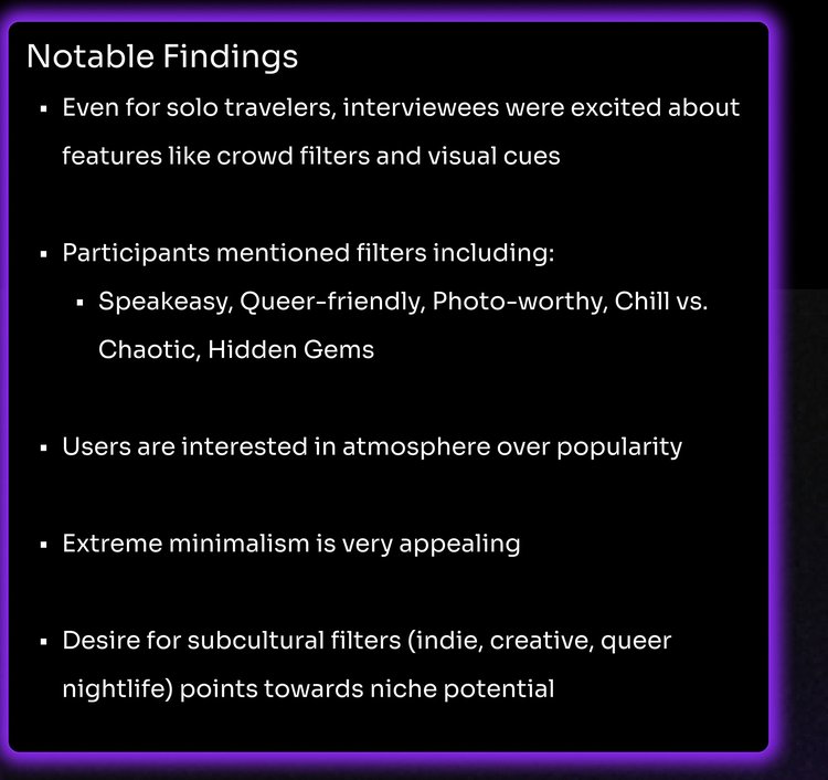 Research synthesis excerpt: notable findings listing speakeasy, queer-friendly, photo-worthy, chill versus chaotic and hidden gem filters, atmosphere over popularity, and subcultural filter interest