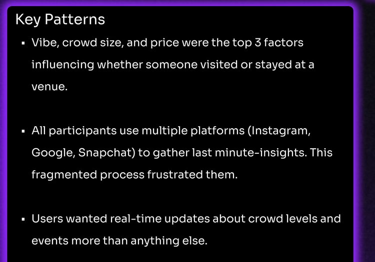 Research synthesis excerpt: vibe, crowd size and price as top factors, participants using multiple platforms, and demand for real-time crowd and event updates