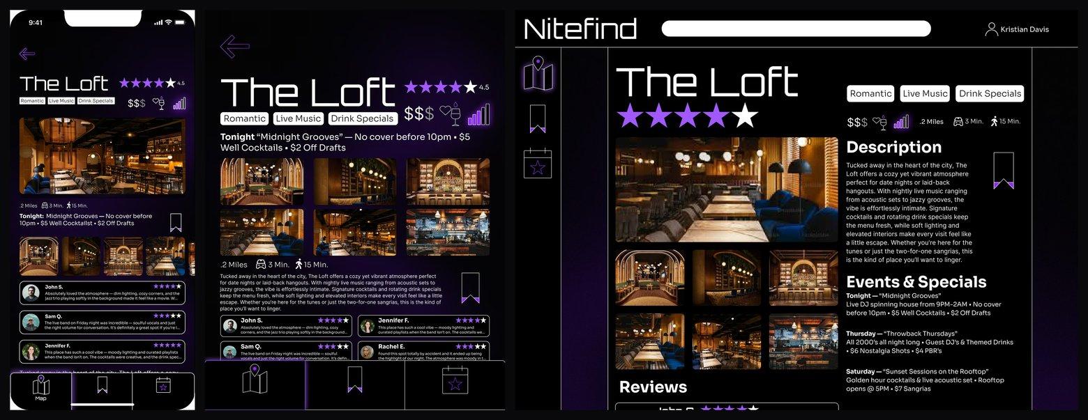 The Loft venue page shown across mobile, tablet and desktop breakpoints