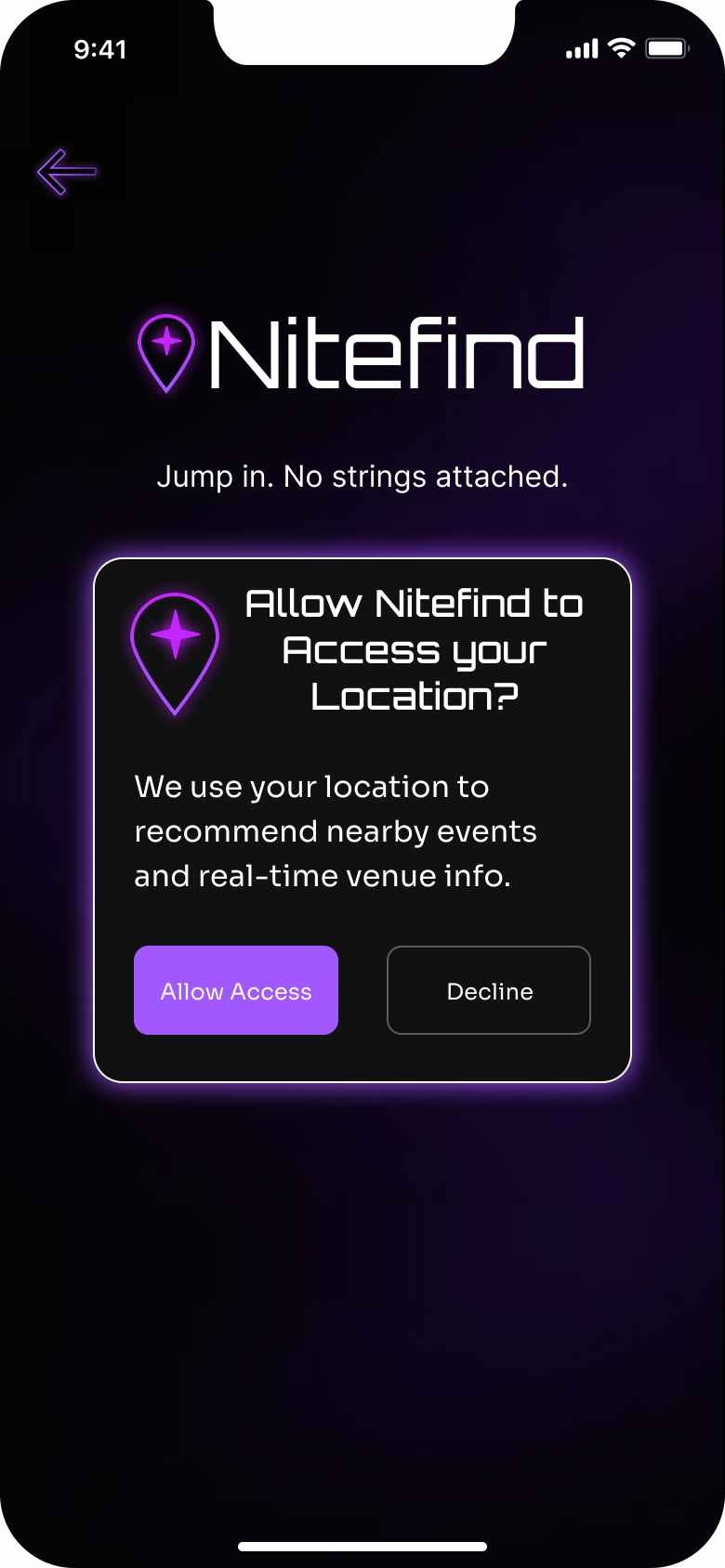 Nitefind location permission screen with a plain-language explanation and an option to continue without sharing location