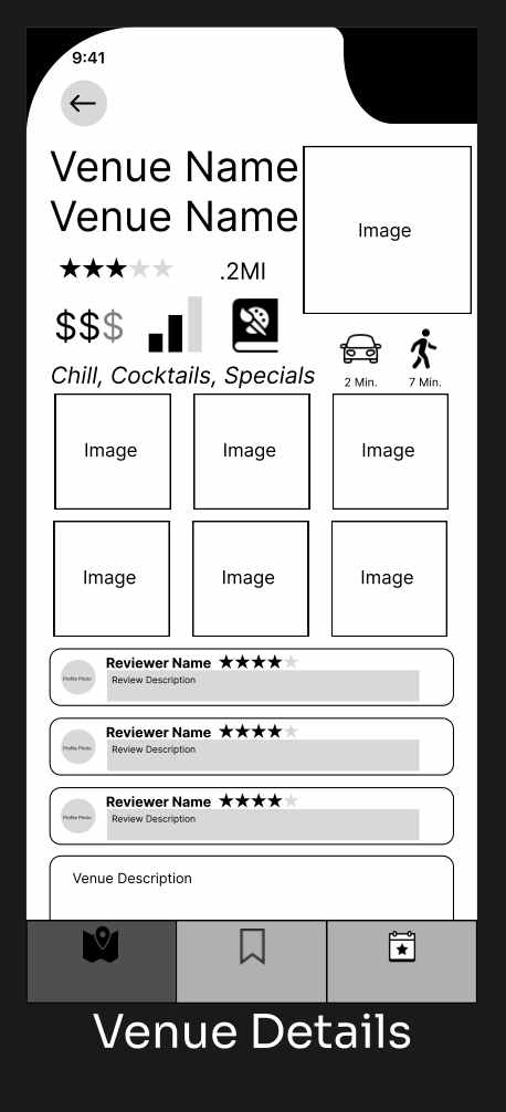 Early paper sketch of the Nitefind venue detail screen