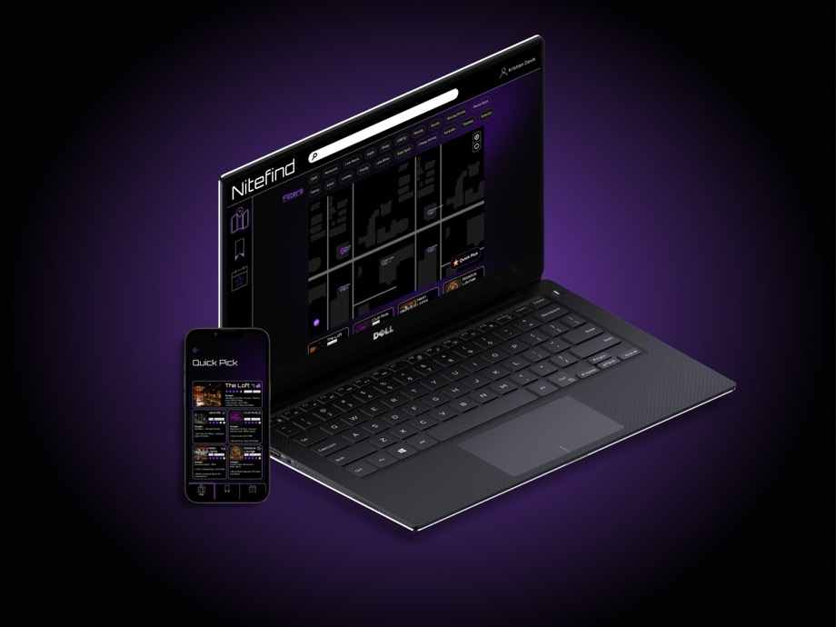 Nitefind shown on a laptop and phone against a violet backdrop
