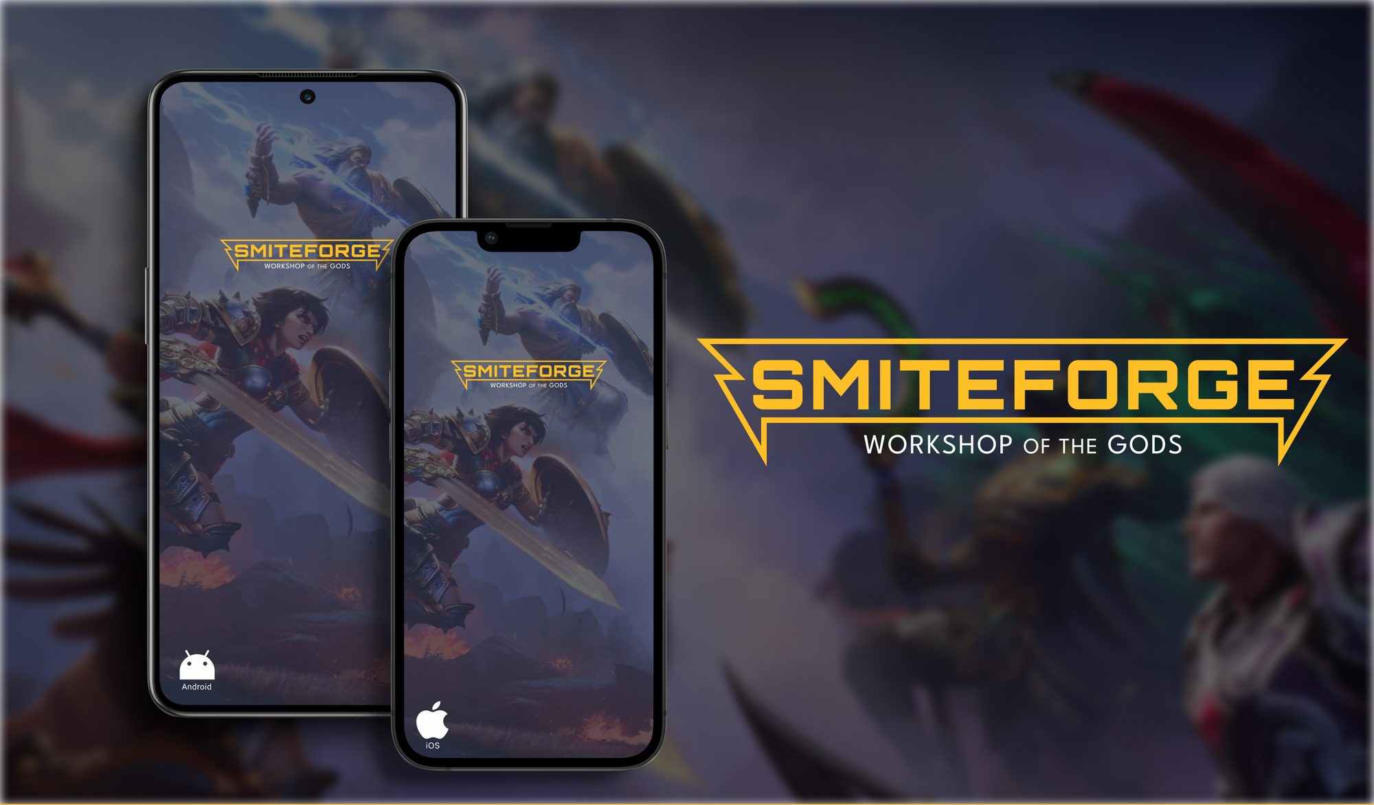 The SmiteForge splash screen shown on an Android phone and an iOS phone, over blurred Smite key art