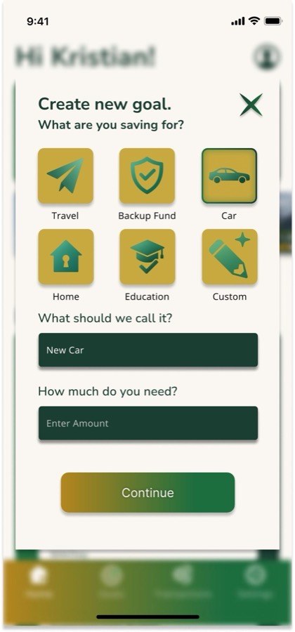 Zentra create new goal screen: six labelled category tiles, a name field and an amount field