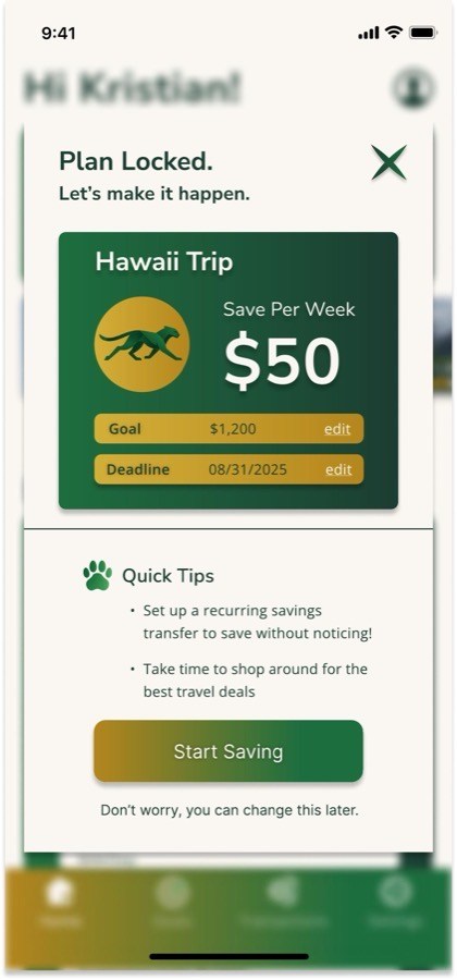 Zentra plan locked screen for a Hawaii trip: fifty dollars per week, goal total, deadline and quick tips