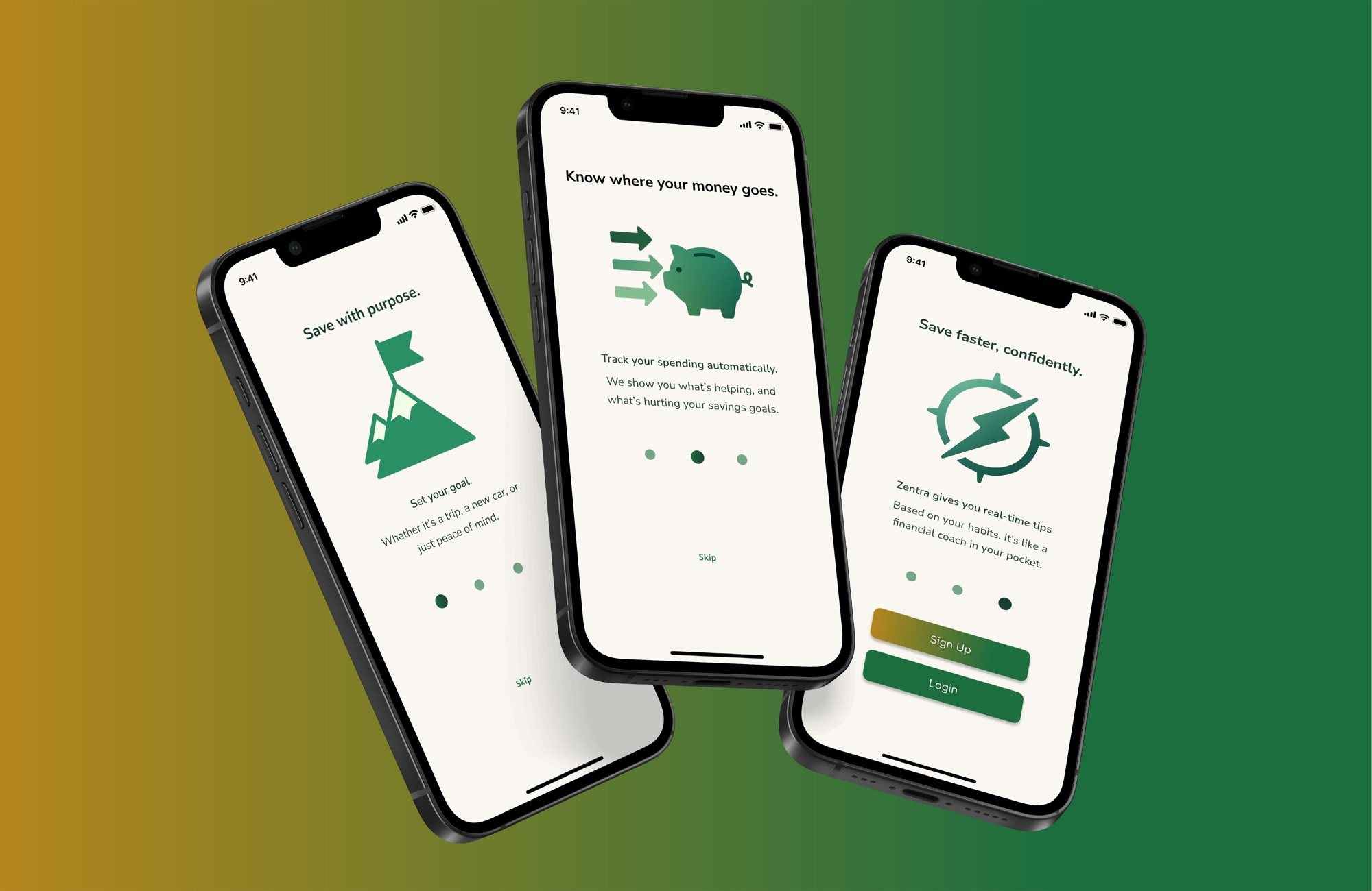 Three Zentra onboarding screens cascading across a green and gold gradient