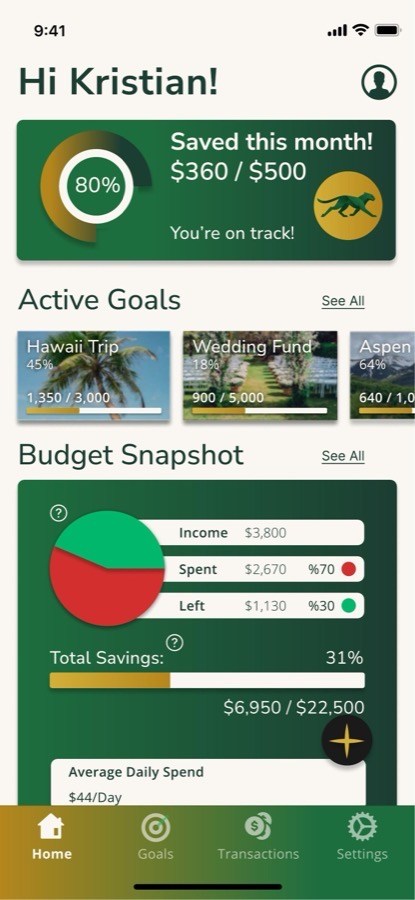 Zentra home screen: monthly savings at 80 percent, active goal cards and a budget snapshot