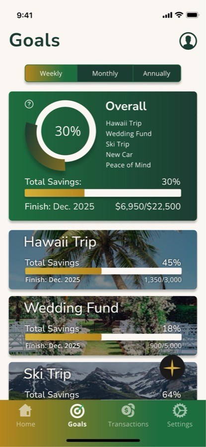 Zentra goals screen: an overall progress ring at 30 percent above five individual goal cards, each with its own progress bar and dollar total