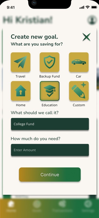 Zentra create new goal screen with the car category selected, a goal name and an amount field