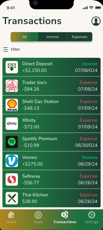 Zentra recent transactions screen filtered by income and expense with merchant logos and dates