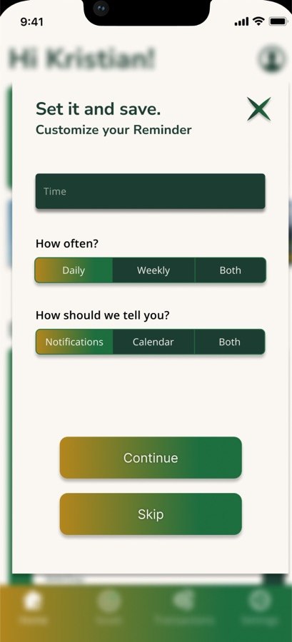 Zentra set a reminder screen with time, frequency and delivery options, plus a skip button