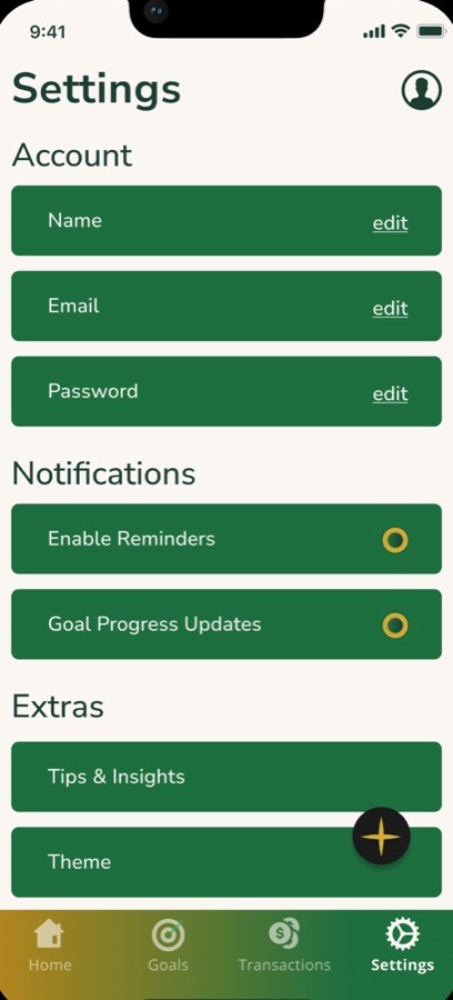Zentra settings screen with account fields, notification toggles and extras