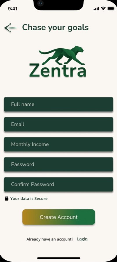Zentra sign up screen with full name, email, monthly income and password fields