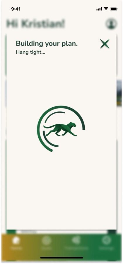 Zentra Building your plan screen with the cheetah mark as a loading indicator