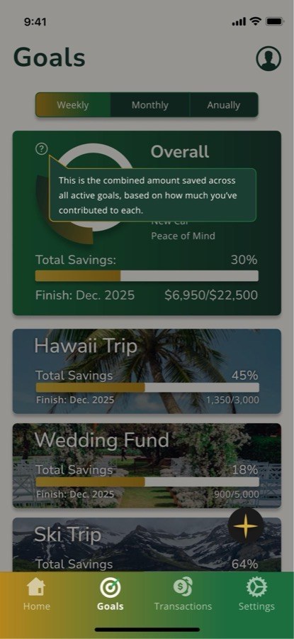 Zentra goals screen with a tooltip explaining how combined savings across active goals is calculated